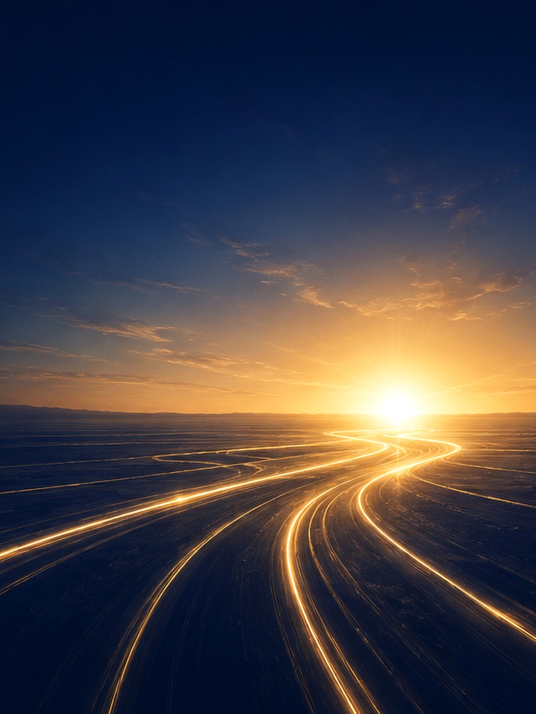 Illuminated pathways converging toward a sunrise, representing direction, connection and transformation